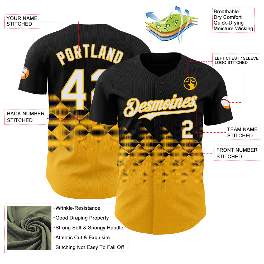 Custom Black White-Gold 3D Gradient Square Shape Authentic Baseball Jersey