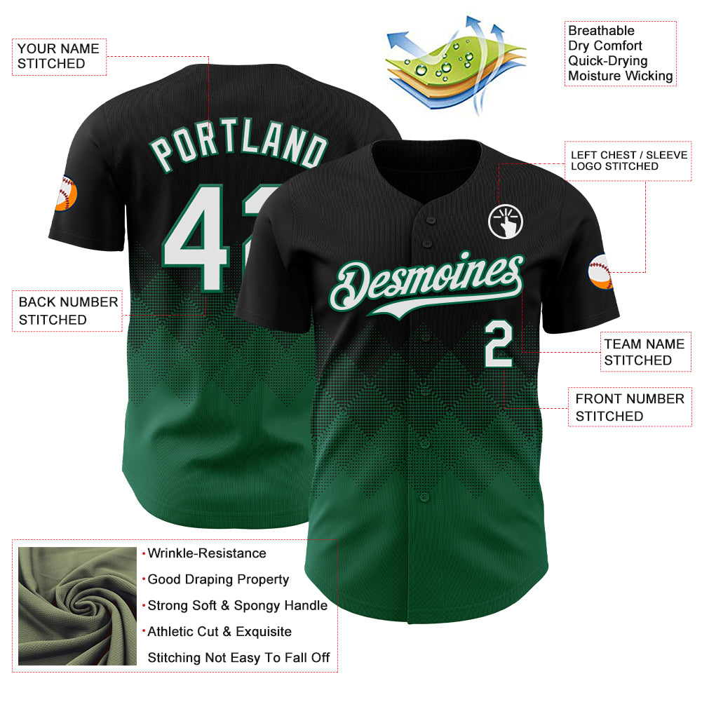 Custom Black White-Kelly Green 3D Gradient Square Shape Authentic Baseball Jersey