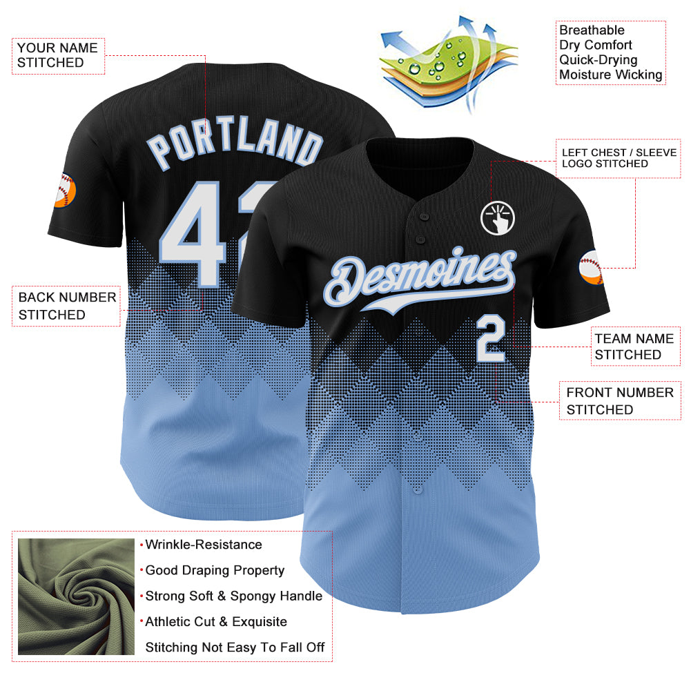Custom Black White-Light Blue 3D Gradient Square Shape Authentic Baseball Jersey