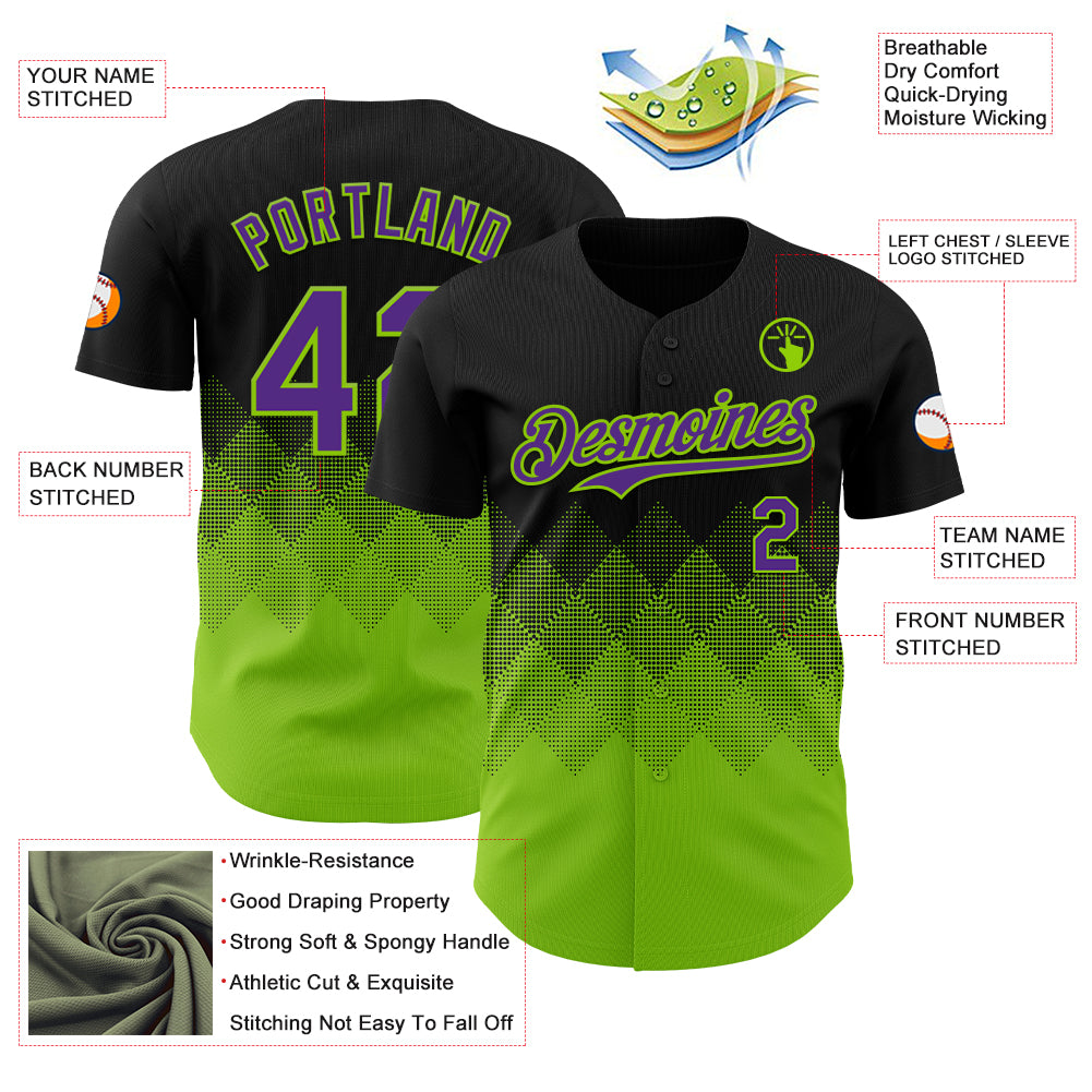 Custom Black Purple-Neon Green 3D Gradient Square Shape Authentic Baseball Jersey