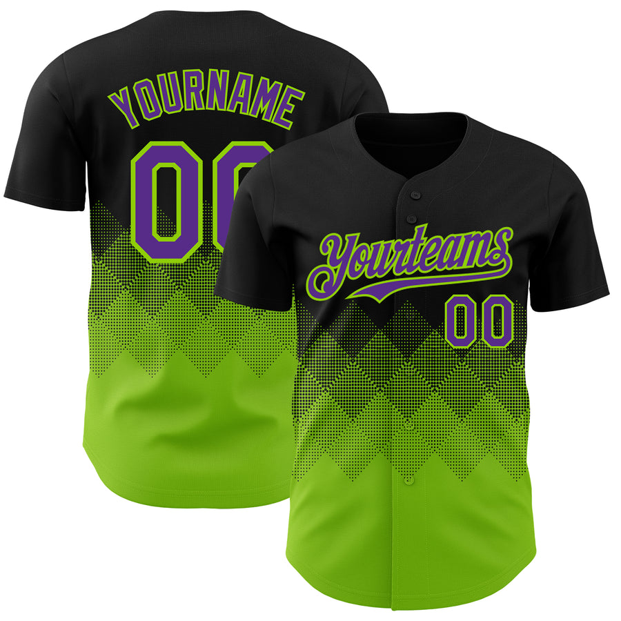 Custom Black Purple-Neon Green 3D Gradient Square Shape Authentic Baseball Jersey