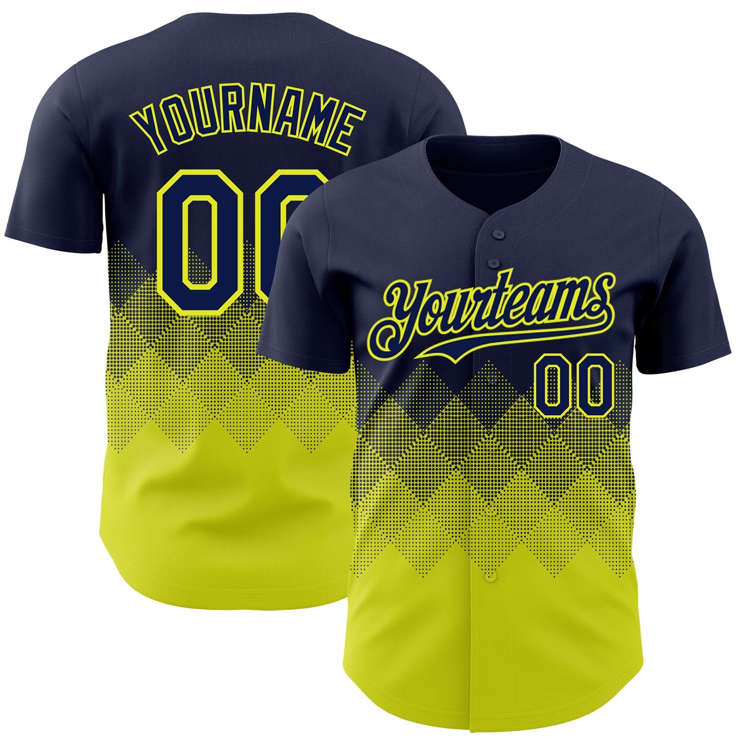 Custom Navy Neon Yellow 3D Gradient Square Shape Authentic Baseball Jersey