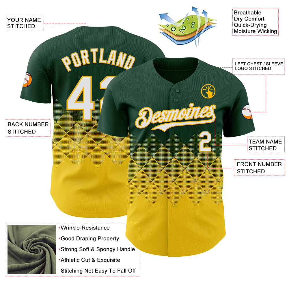 Custom Green White-Yellow 3D Gradient Square Shape Authentic Baseball Jersey