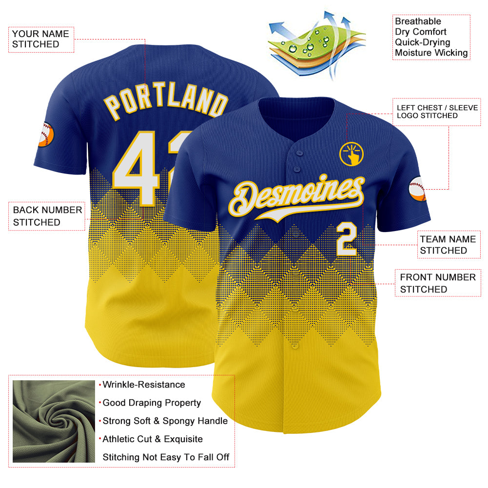 Custom Royal White-Yellow 3D Gradient Square Shape Authentic Baseball Jersey