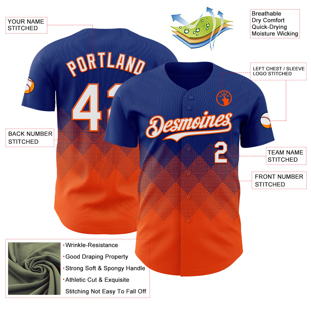 Custom Royal White-Orange 3D Gradient Square Shape Authentic Baseball Jersey