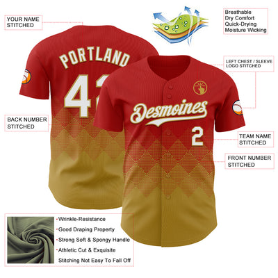 Custom Red White-Old Gold 3D Gradient Square Shape Authentic Baseball Jersey