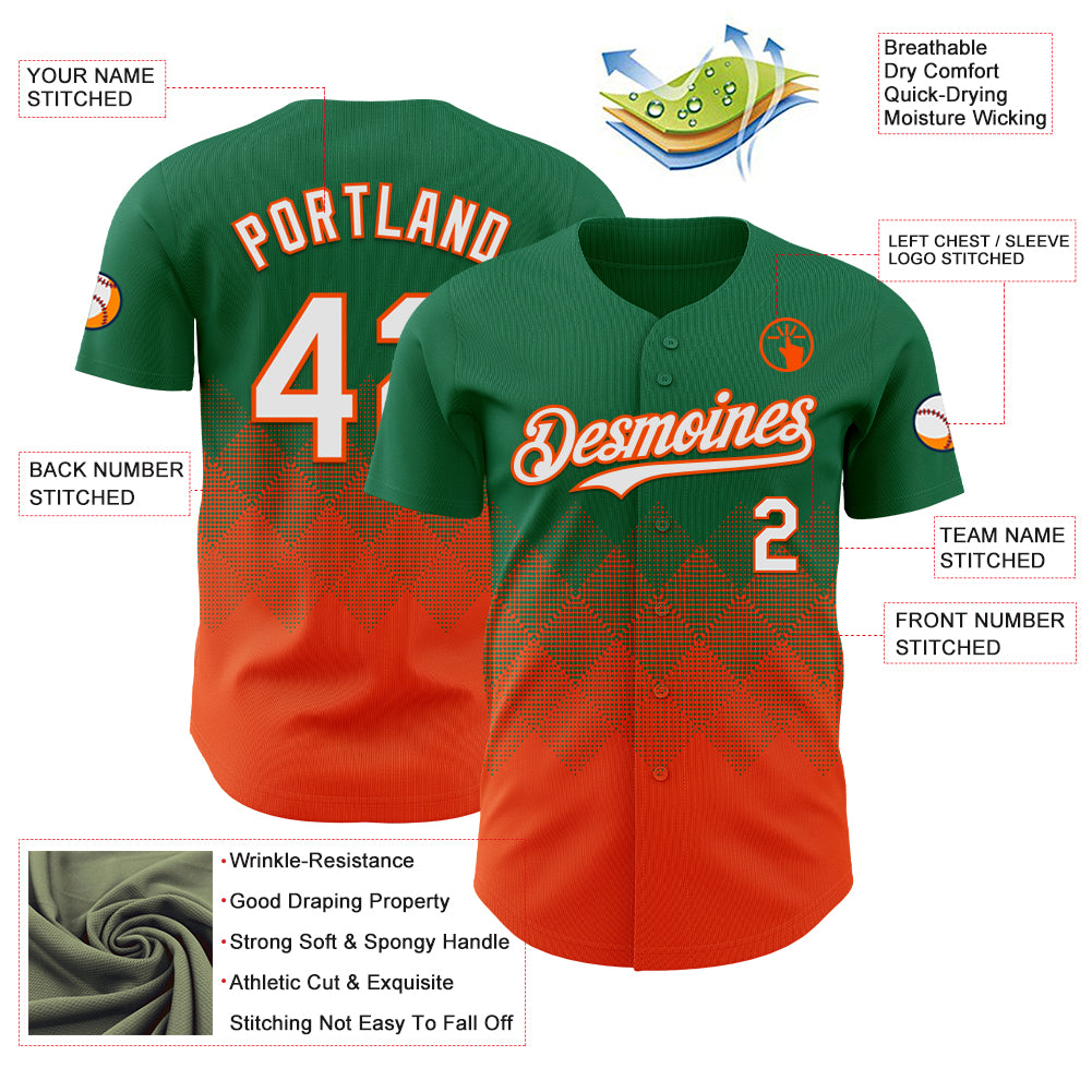 Custom Kelly Green White-Orange 3D Gradient Square Shape Authentic Baseball Jersey
