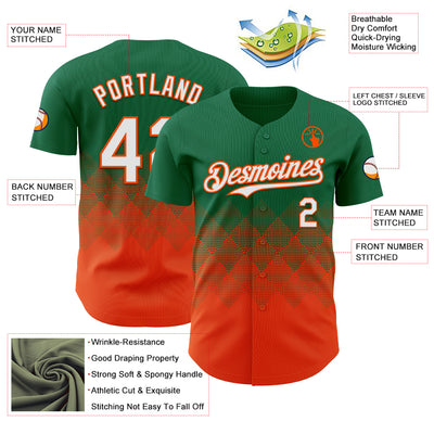Custom Kelly Green White-Orange 3D Gradient Square Shape Authentic Baseball Jersey