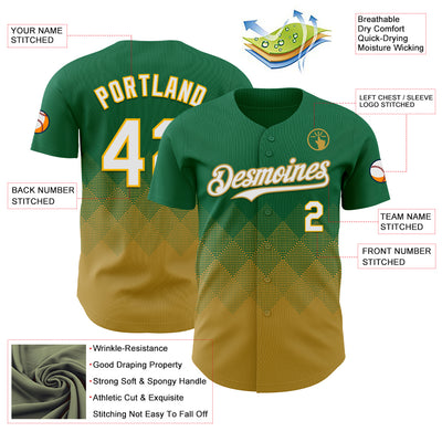 Custom Kelly Green White-Old Gold 3D Gradient Square Shape Authentic Baseball Jersey