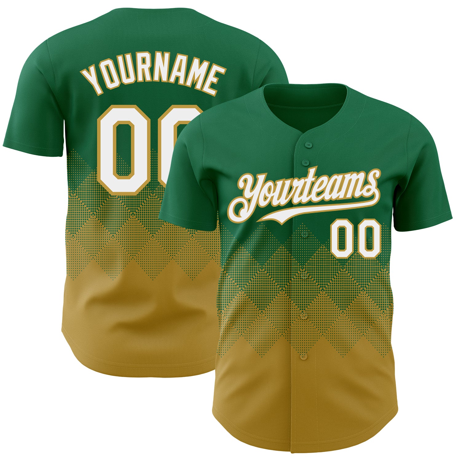 Custom Kelly Green White-Old Gold 3D Gradient Square Shape Authentic Baseball Jersey