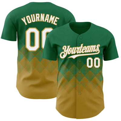Custom Kelly Green White-Old Gold 3D Gradient Square Shape Authentic Baseball Jersey