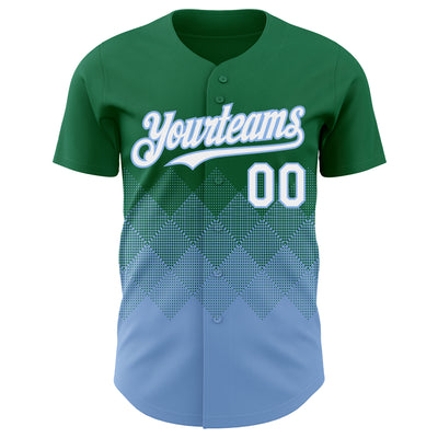 Custom Kelly Green White-Light Blue 3D Gradient Square Shape Authentic Baseball Jersey