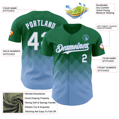 Custom Kelly Green White-Light Blue 3D Gradient Square Shape Authentic Baseball Jersey
