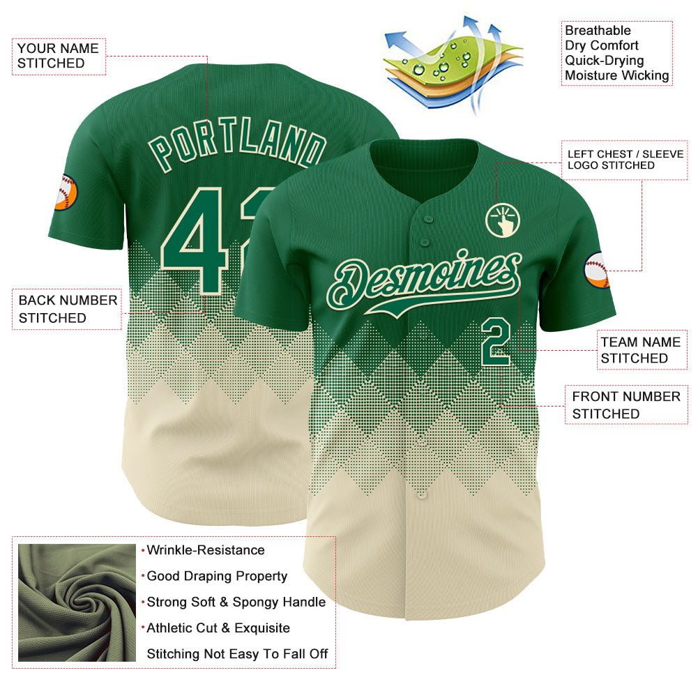 Custom Kelly Green Cream 3D Gradient Square Shape Authentic Baseball Jersey