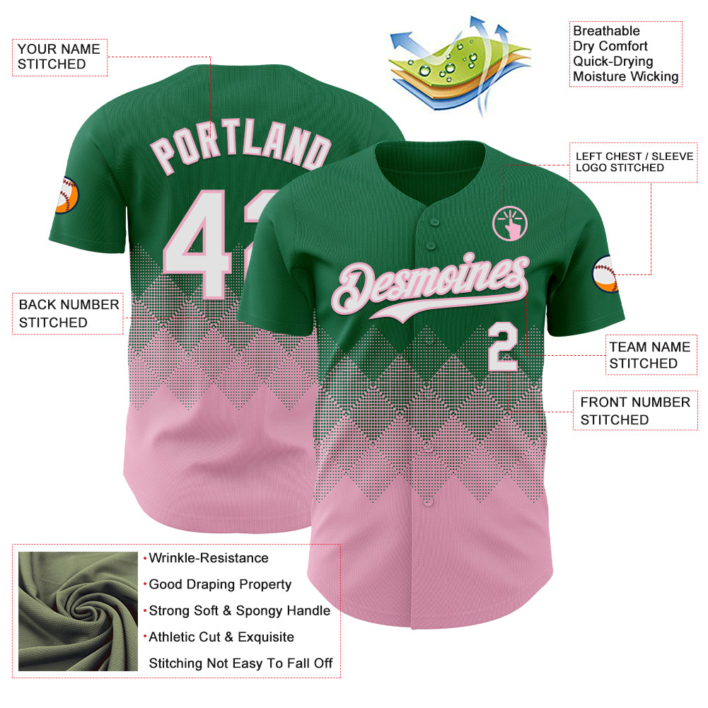 Custom Kelly Green White-Light Pink 3D Gradient Square Shape Authentic Baseball Jersey
