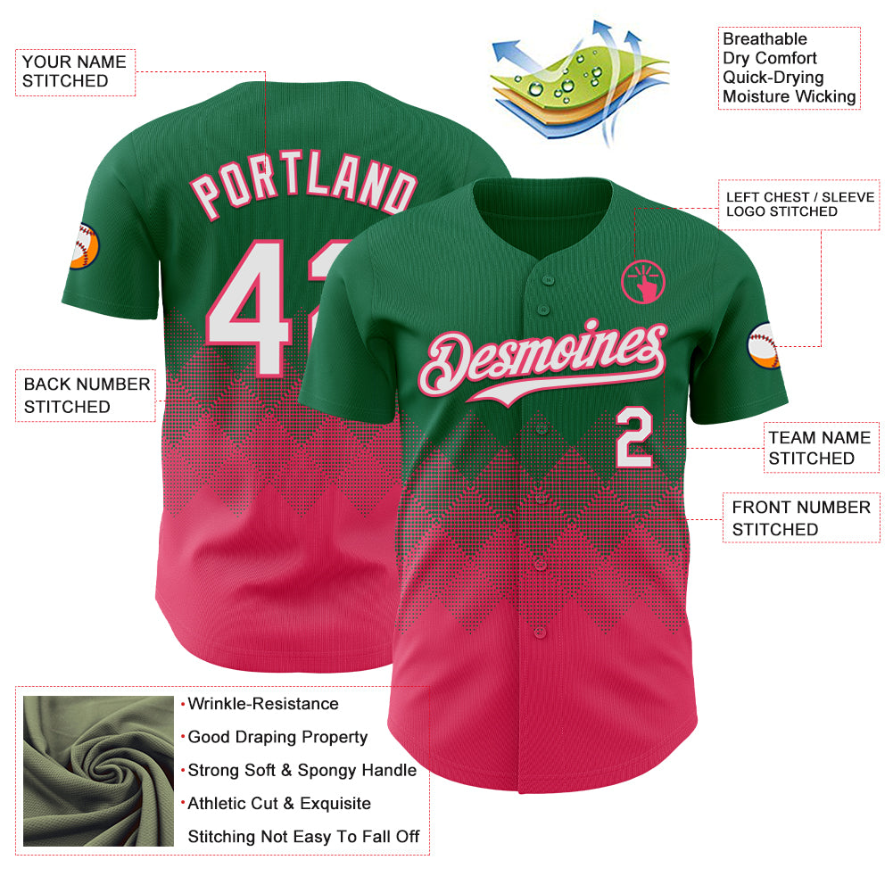 Custom Kelly Green White-Neon Pink 3D Gradient Square Shape Authentic Baseball Jersey
