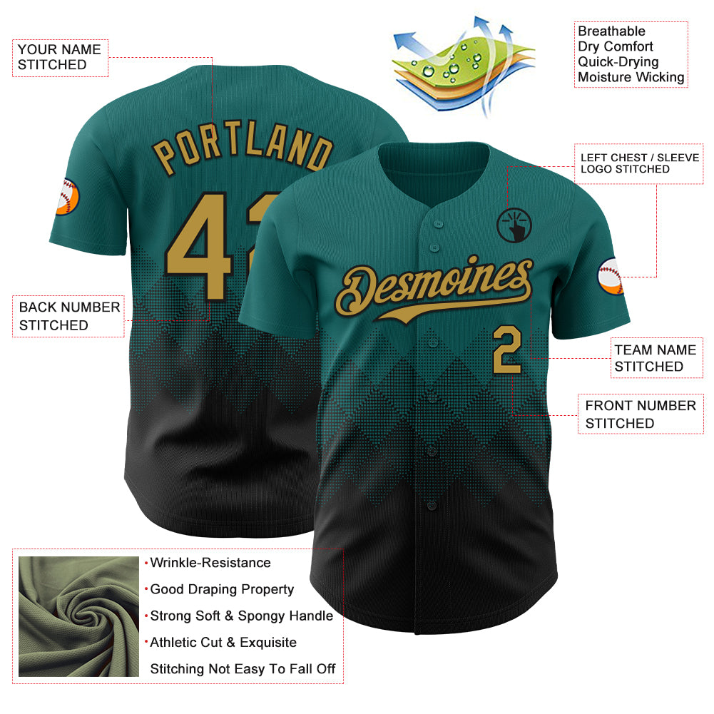 Custom Teal Old Gold-Black 3D Gradient Square Shape Authentic Baseball Jersey
