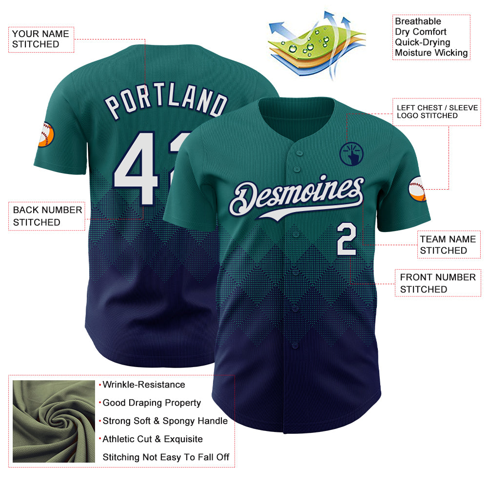 Custom Teal White-Navy 3D Gradient Square Shape Authentic Baseball Jersey