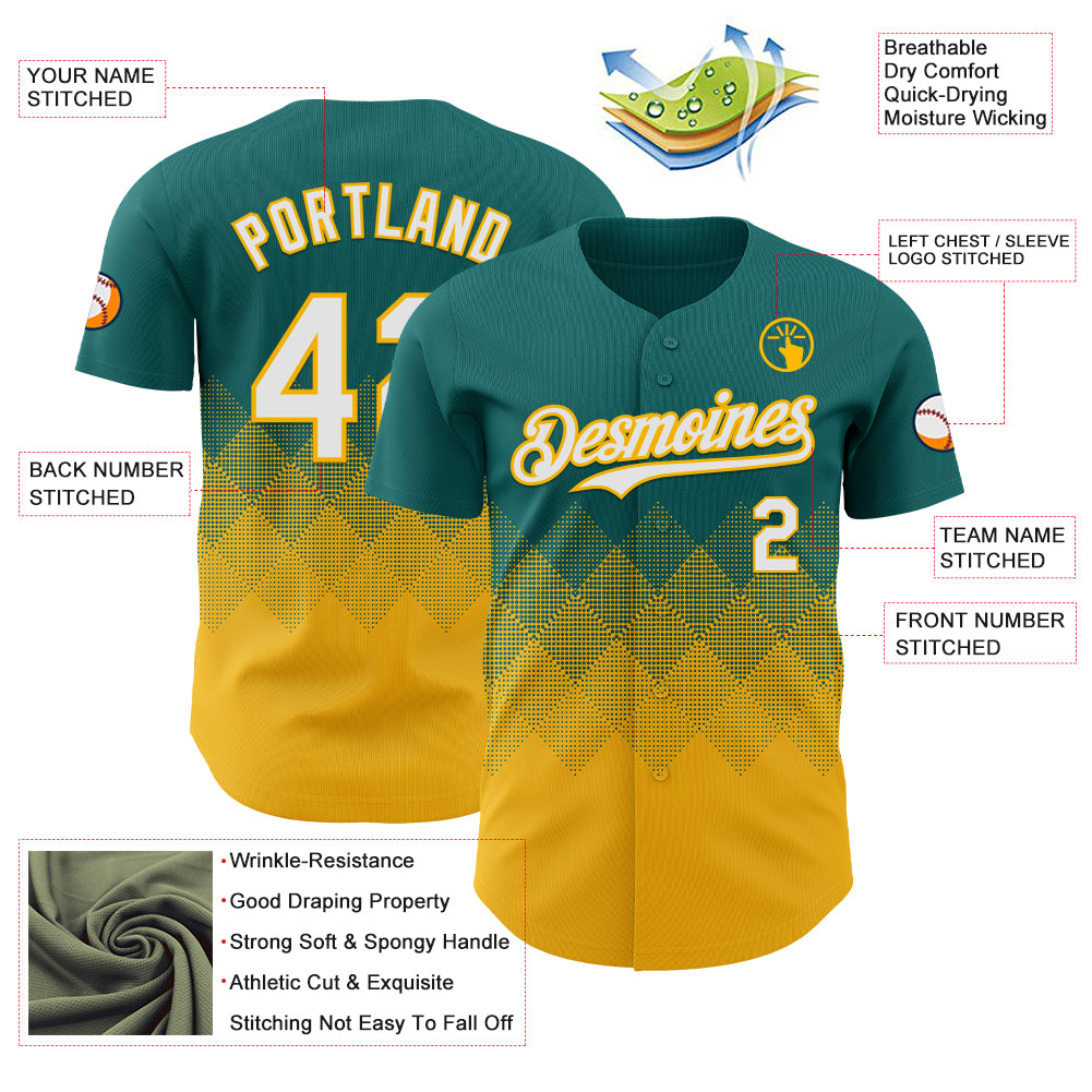 Custom Teal White-Gold 3D Gradient Square Shape Authentic Baseball Jersey