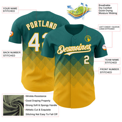 Custom Teal White-Gold 3D Gradient Square Shape Authentic Baseball Jersey