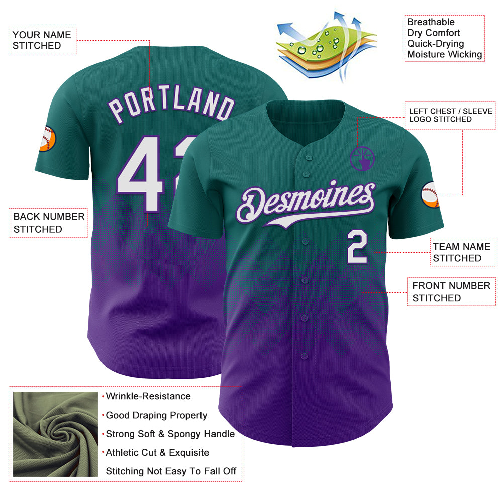Custom Teal White-Purple 3D Gradient Square Shape Authentic Baseball Jersey