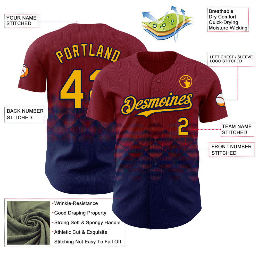 Custom Crimson Gold-Navy 3D Gradient Square Shape Authentic Baseball Jersey