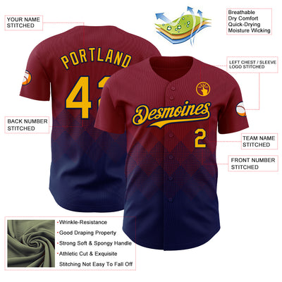 Custom Crimson Gold-Navy 3D Gradient Square Shape Authentic Baseball Jersey