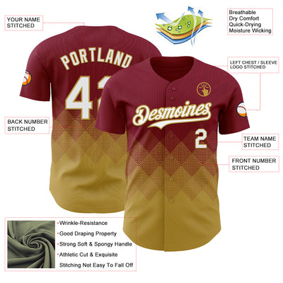 Custom Crimson White-Old Gold 3D Gradient Square Shape Authentic Baseball Jersey