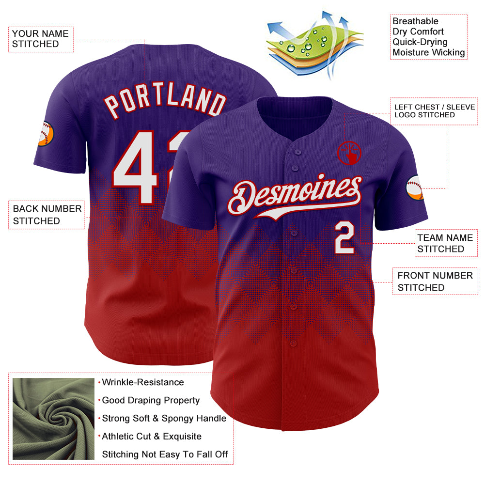Custom Purple White-Red 3D Gradient Square Shape Authentic Baseball Jersey
