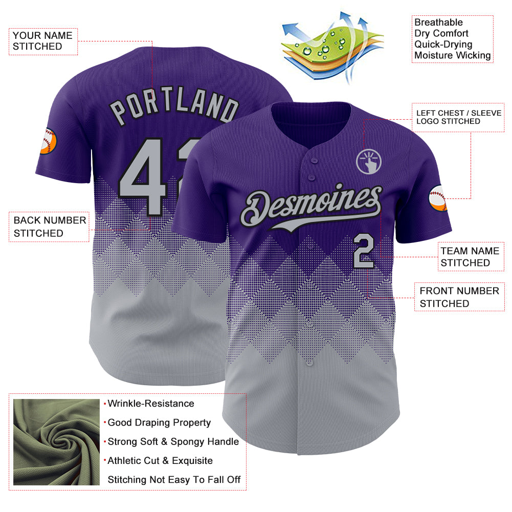 Custom Purple Gray-Black 3D Gradient Square Shape Authentic Baseball Jersey