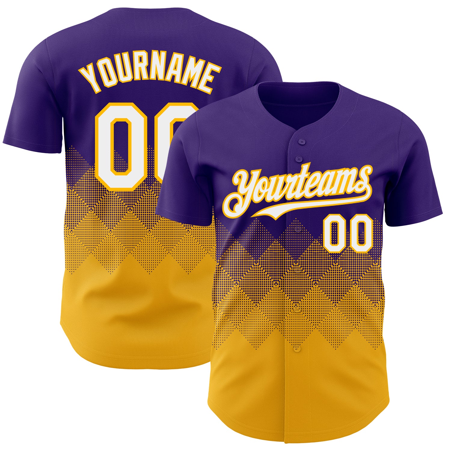 Custom Purple White-Gold 3D Gradient Square Shape Authentic Baseball Jersey