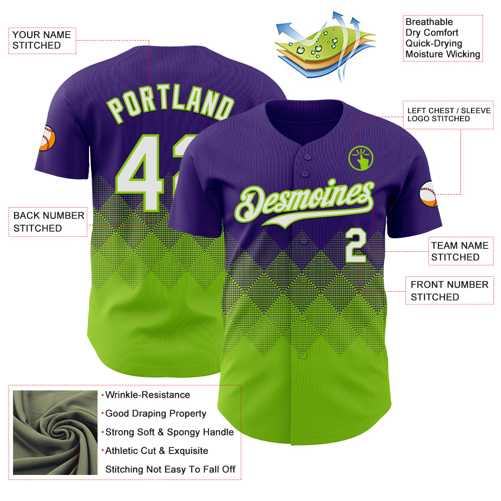 Custom Purple White-Neon Green 3D Gradient Square Shape Authentic Baseball Jersey