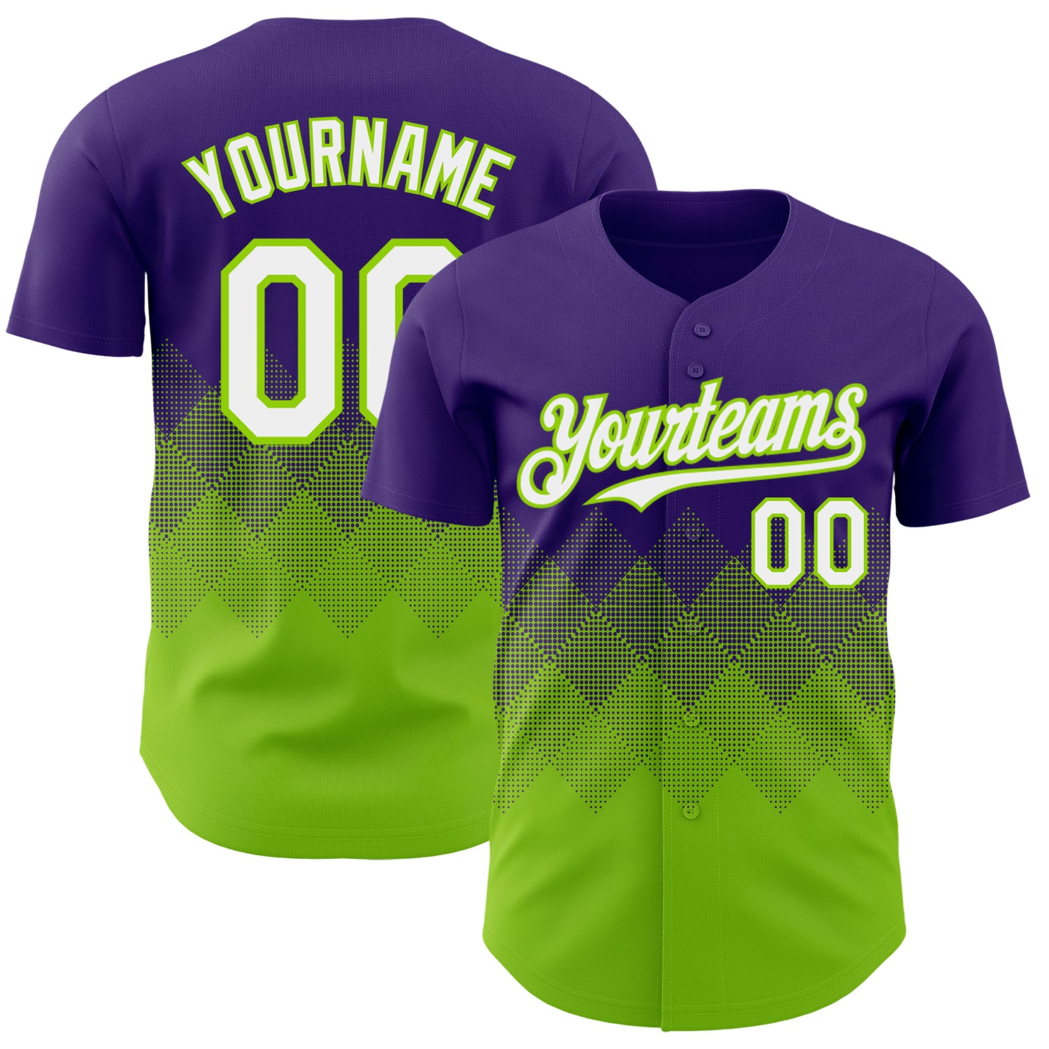 Custom Purple White-Neon Green 3D Gradient Square Shape Authentic Baseball Jersey