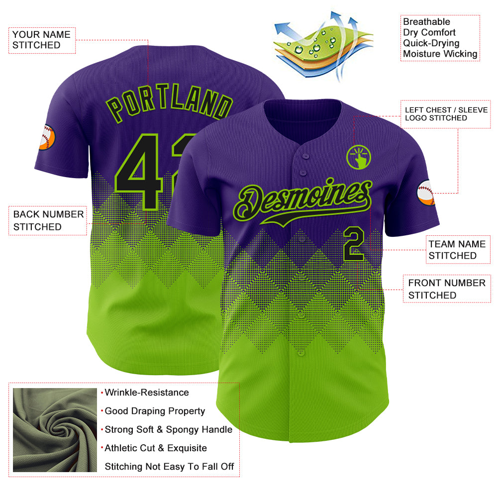 Custom Purple Black-Neon Green 3D Gradient Square Shape Authentic Baseball Jersey