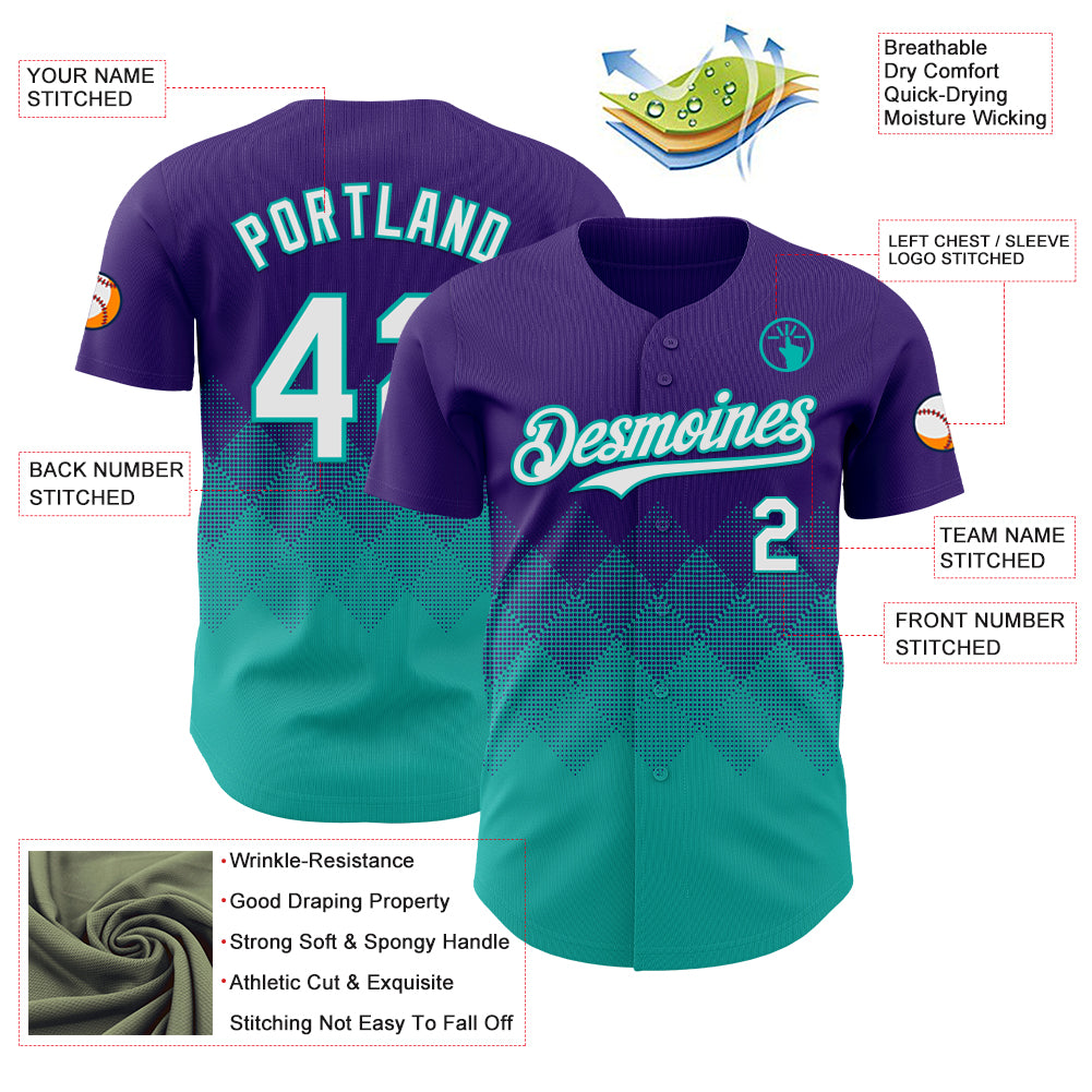 Custom Purple White-Aqua 3D Gradient Square Shape Authentic Baseball Jersey