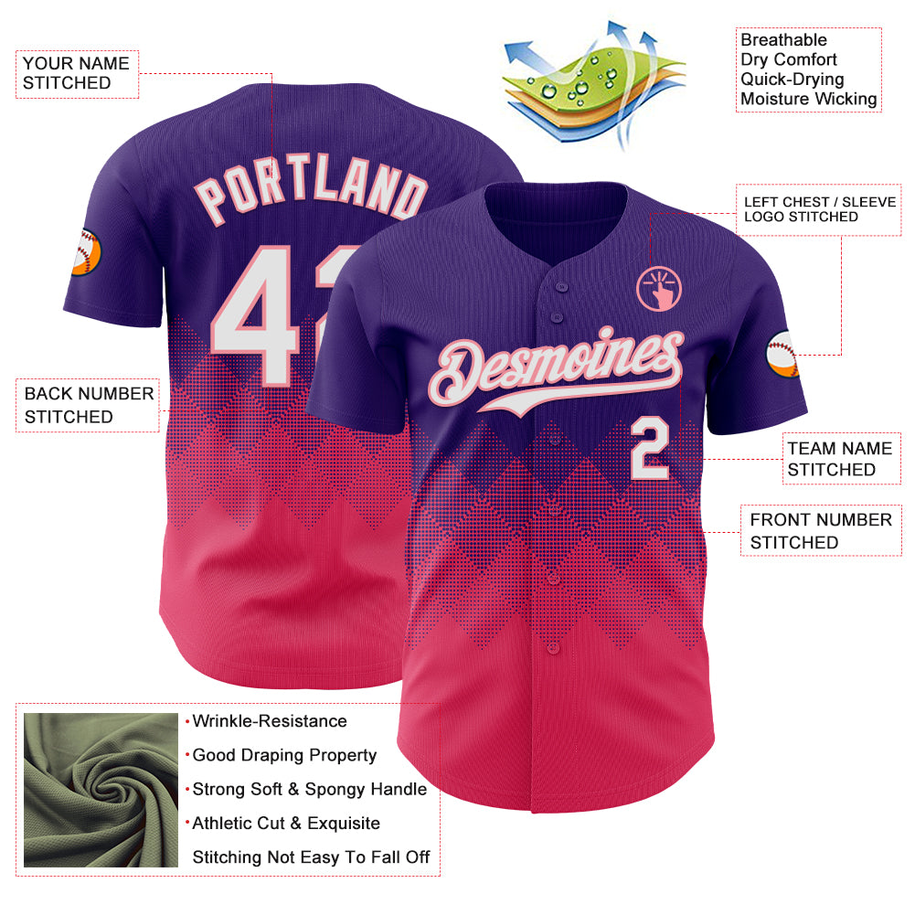 Custom Purple White-Neon Pink 3D Gradient Square Shape Authentic Baseball Jersey