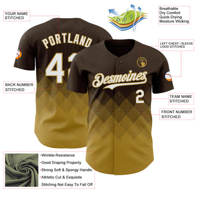Custom Brown White-Old Gold 3D Gradient Square Shape Authentic Baseball Jersey