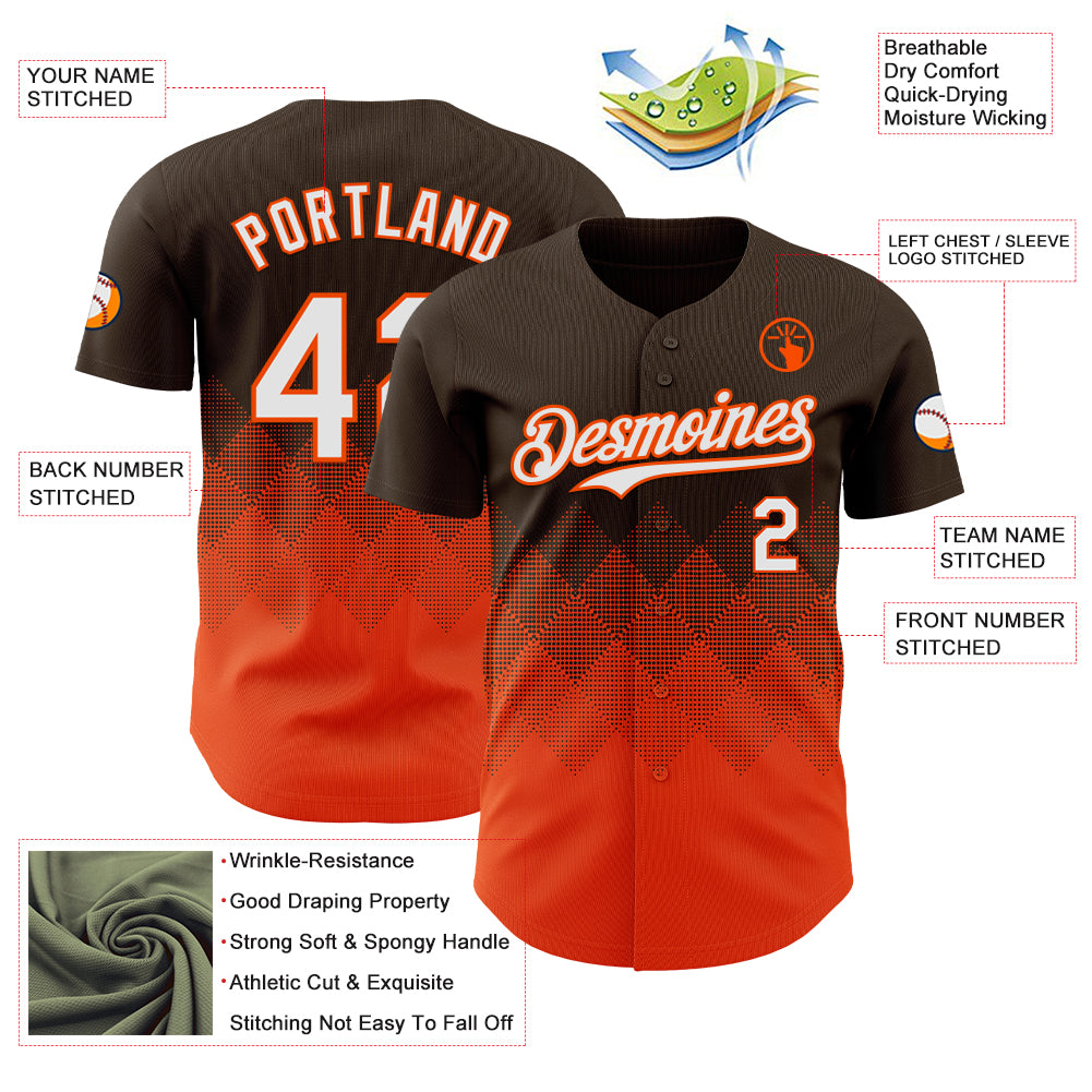 Custom Brown White-Orange 3D Gradient Square Shape Authentic Baseball Jersey