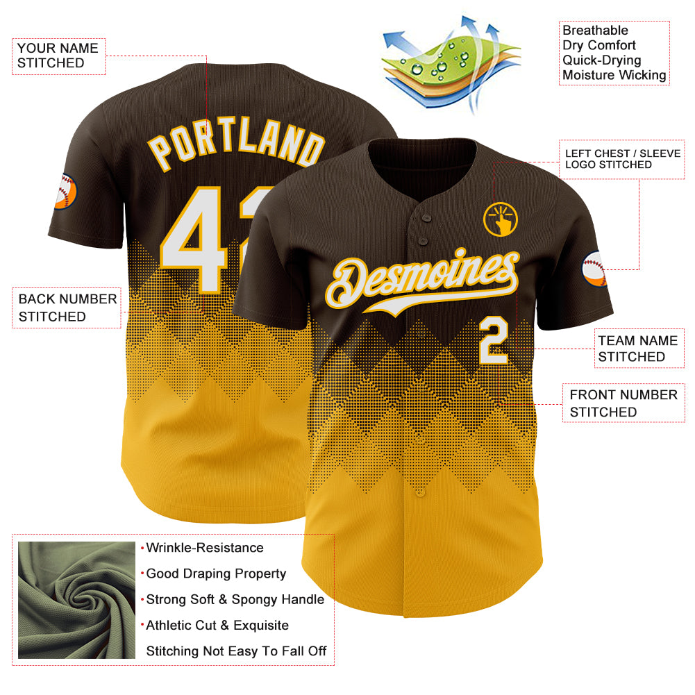 Custom Brown White-Gold 3D Gradient Square Shape Authentic Baseball Jersey