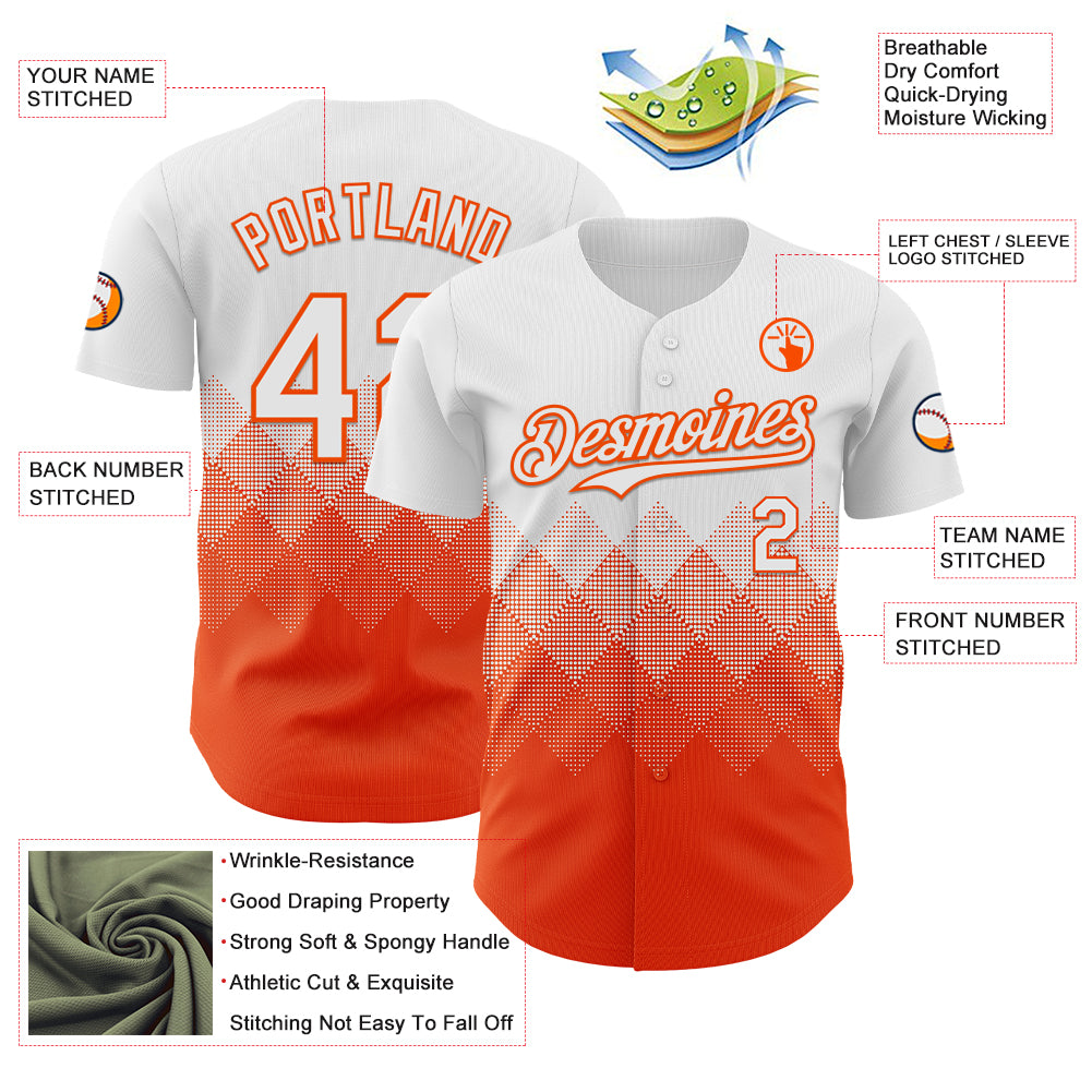 Custom White Orange 3D Gradient Square Shape Authentic Baseball Jersey