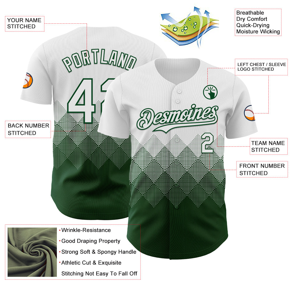 Custom White Green 3D Gradient Square Shape Authentic Baseball Jersey
