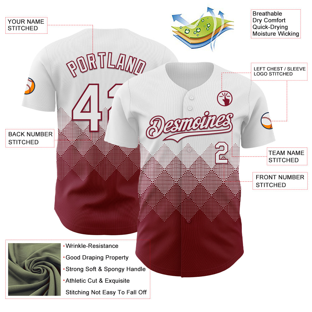 Custom White Crimson 3D Gradient Square Shape Authentic Baseball Jersey
