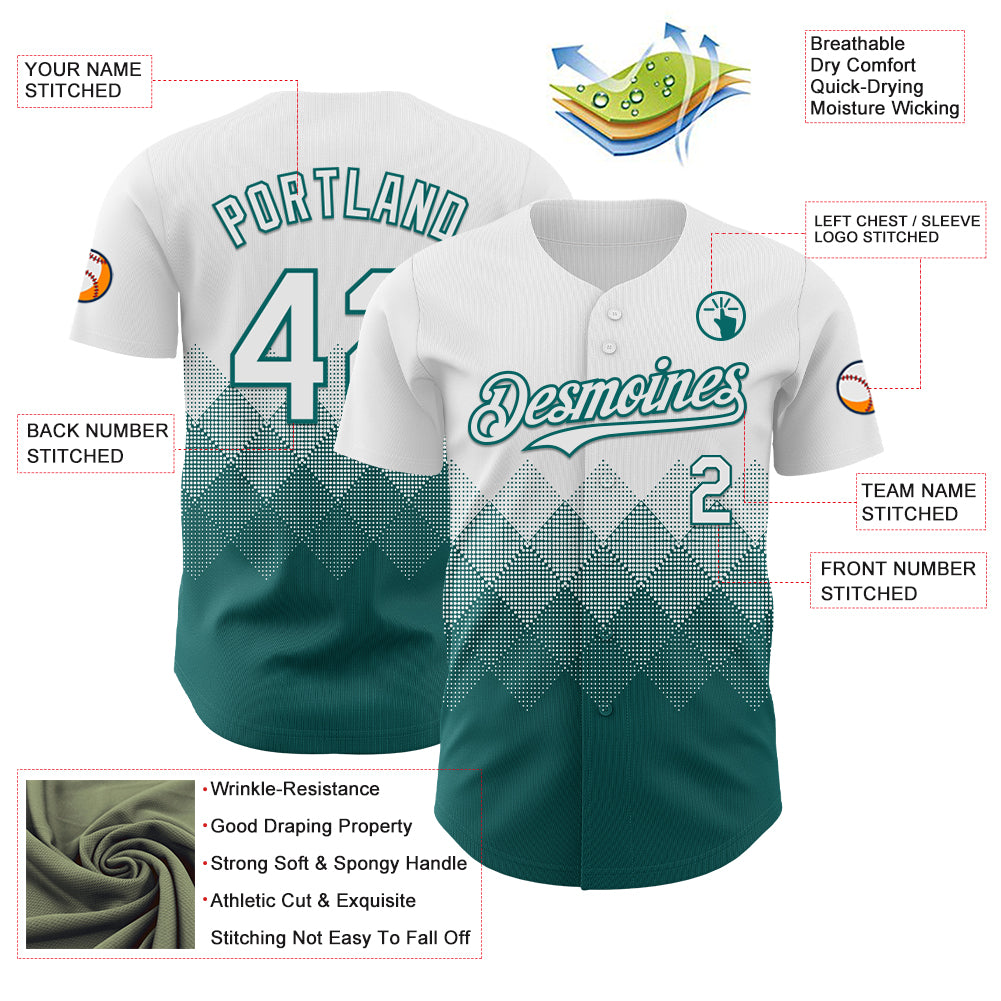 Custom White Teal 3D Gradient Square Shape Authentic Baseball Jersey