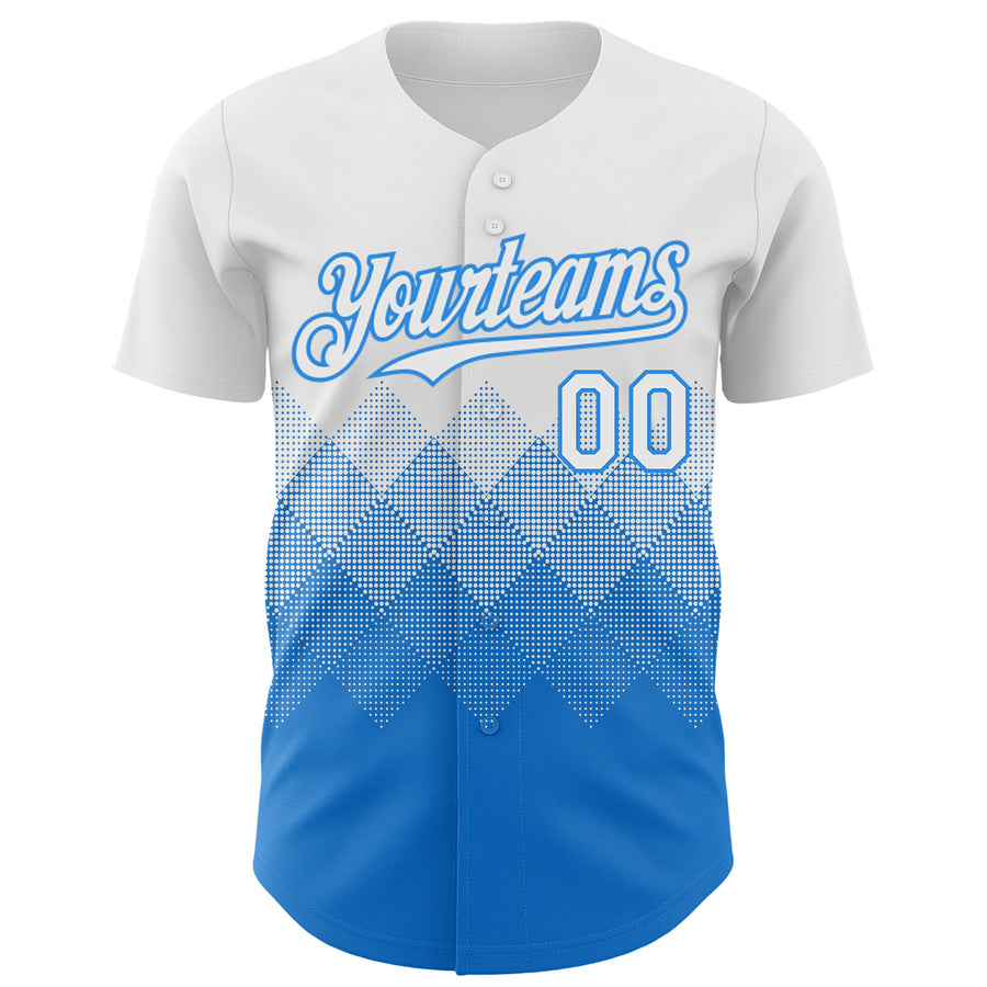 Custom White Electric Blue 3D Gradient Square Shape Authentic Baseball Jersey