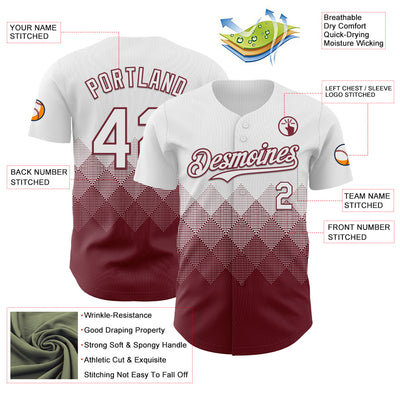 Custom White Burgundy 3D Gradient Square Shape Authentic Baseball Jersey