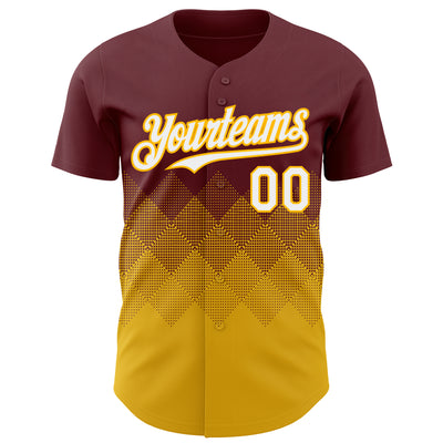 Custom Burgundy White-Gold 3D Gradient Square Shape Authentic Baseball Jersey