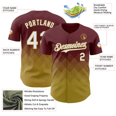 Custom Burgundy White-Old Gold 3D Gradient Square Shape Authentic Baseball Jersey