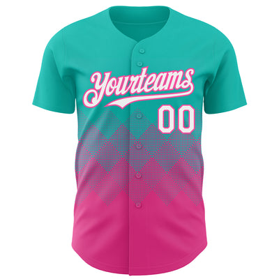 Custom Aqua White-Pink 3D Gradient Square Shape Authentic Baseball Jersey