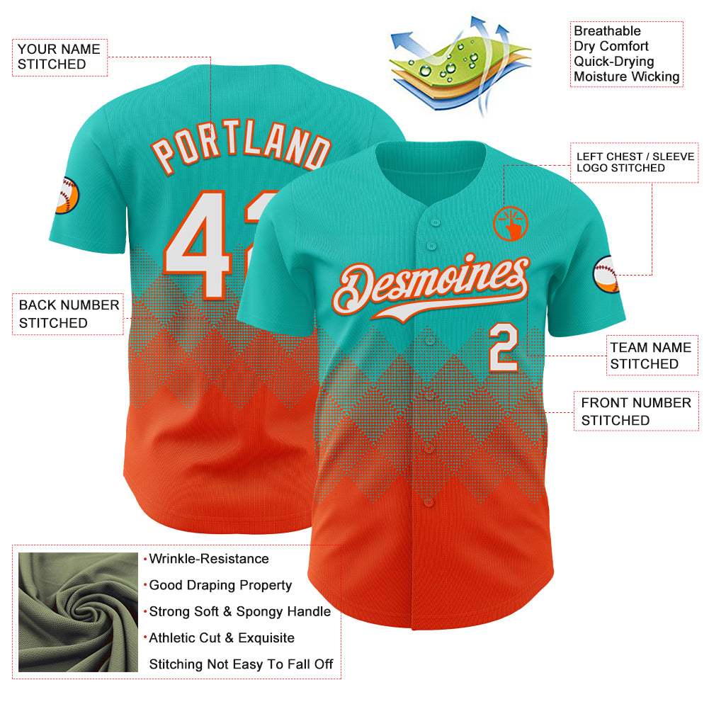 Custom Aqua White-Orange 3D Gradient Square Shape Authentic Baseball Jersey
