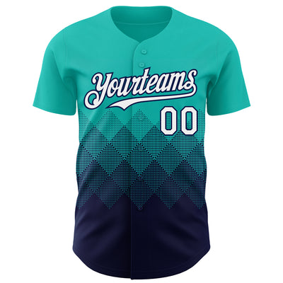 Custom Aqua White-Navy 3D Gradient Square Shape Authentic Baseball Jersey